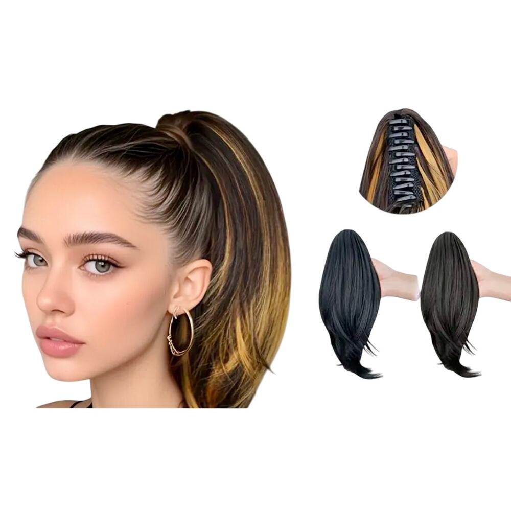 synthetic claw clip dark brown clip-on ponytail 16" straight hair wig
